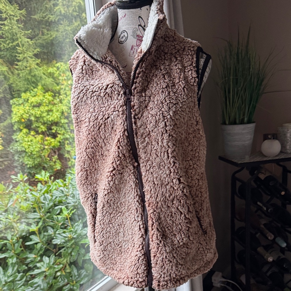 Womens Taupe Brown Sherpa Fleece Vest Zip Front Pockets Size M